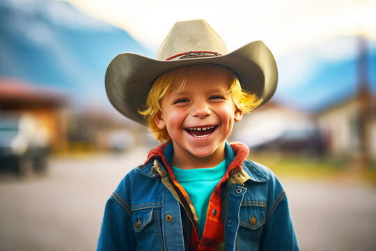 child cowboy smiling with a backdrop of mountains