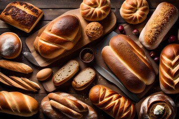 variety of bread, Immerse yourself in the aroma of freshly baked goodness with a captivating collection of assorted bread displayed on a rustic wooden table. The bread, with its golden crusts and enti - obrazy, fototapety, plakaty