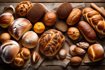 assortment of baked bread, Immerse yourself in the aroma of freshly baked goodness with a captivating collection of assorted bread displayed on a rustic wooden table.  - obrazy, fototapety, plakaty