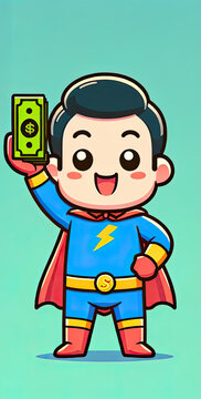 Cartoon superhero boy holding money