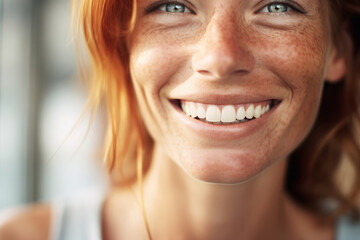 closeup of a model with freckles, smiling naturally - obrazy, fototapety, plakaty