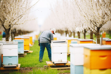 individual setting up beehives for pollination in orchard - obrazy, fototapety, plakaty
