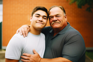 father with arm around teen son