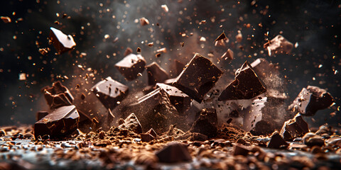 Chocolate shards and broken pieces fall hyper realistic a black background