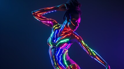 Abstract portrait of a beautiful black woman dancing in neon lights. AI generated image.