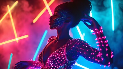 Abstract portrait of a beautiful black woman dancing in neon lights. AI generated image.