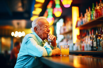 fashionable senior sipping cocktail at bar with neon signs