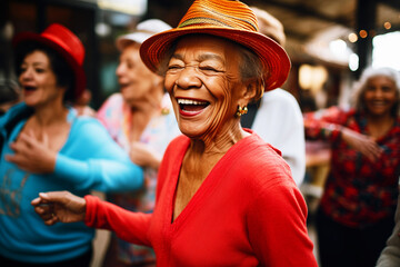 joyful senior in stylish hat grooving with dancers