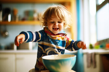 playful toddler throwing porridge from bowl - obrazy, fototapety, plakaty