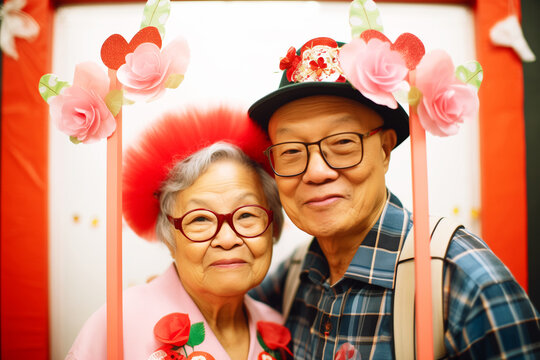 couple in a photo booth with valentines day themed props