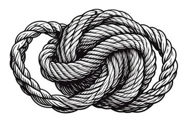 Black and white rope knot isolated on white background, complex tie, engraving illustration - obrazy, fototapety, plakaty