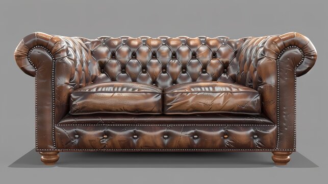 Brown Leather Chesterfield Sofa Isolated on a Transparent Background

