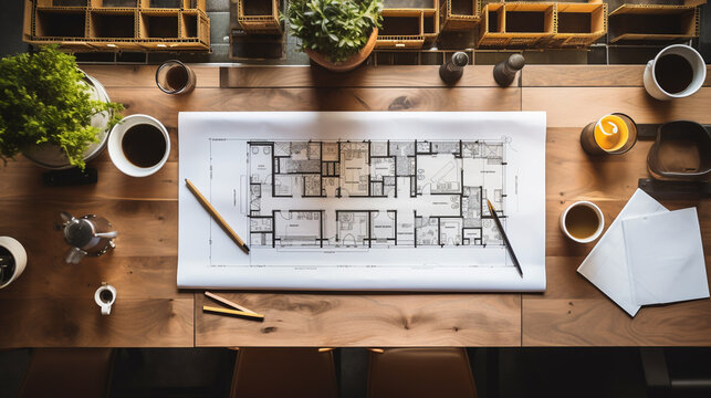 Top view of an architectural drawing, printed on white paper and lay on wooden table with pencils and small plant pots 