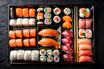Tray sushi salmon varieties for delivery: sashimi, onigiri, sushi Jhow, sakemaki and uramaki philadelphia with shoyu and chopsticks on a blackbackground.