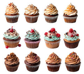 set of cupcakes png. Vanilla cupcake png. Chocolate cupcake png. Cupcake with blue icing and sprinkles on top png. Chocolate cupcake with vanilla icing. Muffin set png. Cherry on top. 