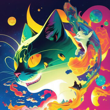 illustration of a cat playing in space like concept art  Generative AI
