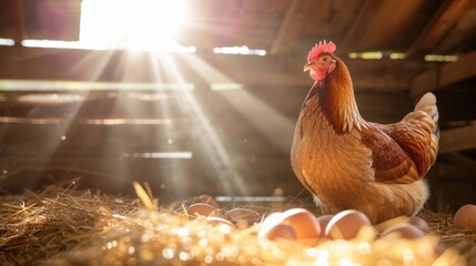 Healthy hen chicken near freshly laid eggs in hay in a rustic barn under warm sunlight with copy space

