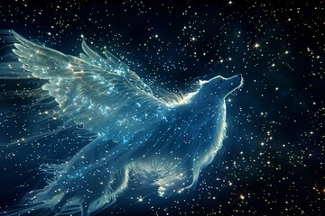 Obraz na płótnie Canvas Celestial canine with wings spread wide embarks on a journey through the stars a testament to boundless imagination and friendship