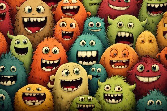 Whimsical hand drawn monsters pattern background for creative projects and artistic designs