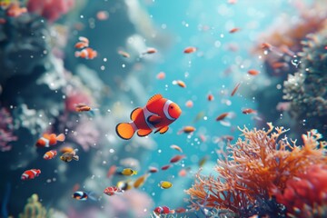 Fototapeta na wymiar Colorful clownfish among vibrant coral reef with tiny fish in a serene underwater scene.