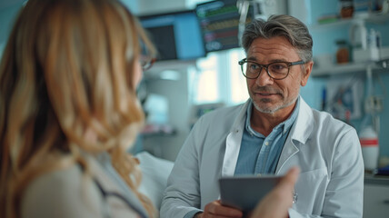 Fototapeta premium A male doctor in a white coat talks to a patient.