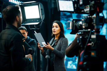 female reporter speaking on live tv with cameraman and teleprompter