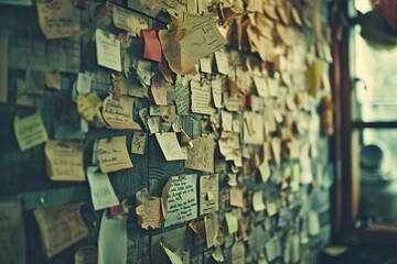 Wall with many old paper notes on it in vintage style