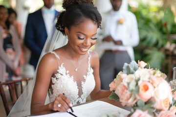 Woman in Wedding Dress Writing on a wedding contract - obrazy, fototapety, plakaty