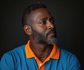 man with a blue shirt wearing an orange polo