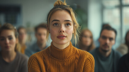 Beautiful blonde girl at a meeting in the office. - obrazy, fototapety, plakaty