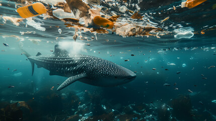 shark whale swimming in polluted ocean surrounded with trash and plastic bottle human waste...