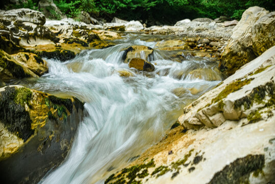 White Rock Canyon. jungle, mountain forest hiking. The Khosta River flows along the cliffs Sochi.