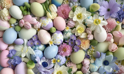 Fototapeta na wymiar Easter eggs and flowers on the table