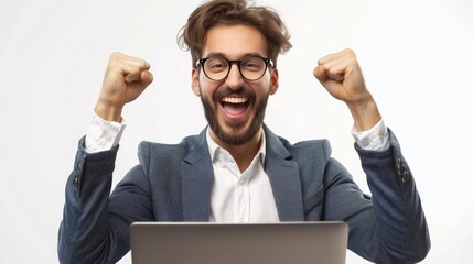 excited professional businessman winner wearing suit holding laptop celebrating online win