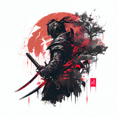 Samurai, Generative AI, Illustration, red and white background