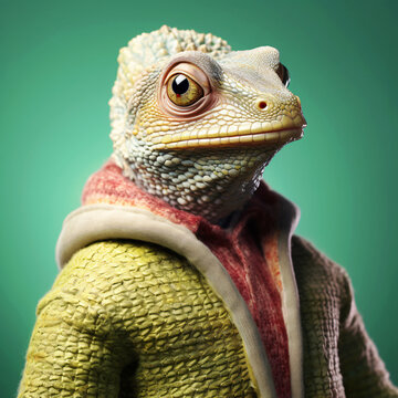 an image of a stuffed izard wearing a sweater. on a solid color background, vector art, digital art, faceted, minimal, abstract, panorama background. Generative AI.