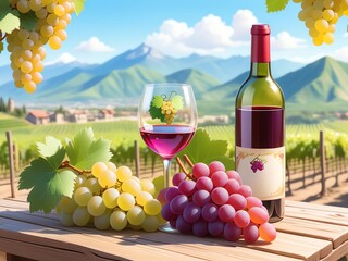 Naklejka premium Bottle and glass of wine and grapes on the table against the backdrop of a beautiful landscape