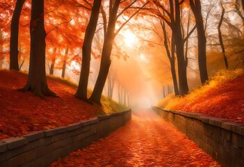 Naklejka na ściany i meble Autumn forest path. Orange color tree, red brown maple leaves in fall city park. Nature scene in sunset fog Wood in scenic scenery Bright light sun Sunrise of a sunny day, morning sunlight view. 
