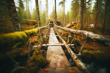 crossing a wooden footbridge in the forest