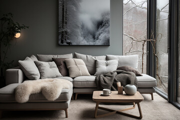 The interior of a cozy living room with a large sofa and a fur rug in Scandinavian style. Generated by artificial intelligence