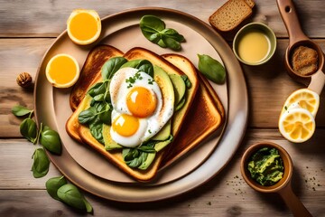 fried eggs with bacon and vegetables, Indulge in a delicious and nutritious breakfast with a mouthwatering view of toast topped with creamy avocado, fresh spinach, and a perfectly fried egg