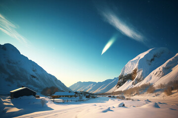 comet passing over a snow covered mountainous landscape - obrazy, fototapety, plakaty