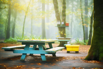 a picnic table with attached benches in a forest