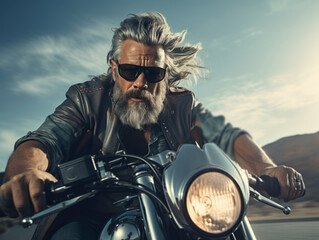 grey-haired bearded old man ready for riding motorcycle on blue sky and mountain background. mature brutal male wearing sunglasses, biker black leather jacket sitting on stylish motorbike. - obrazy, fototapety, plakaty