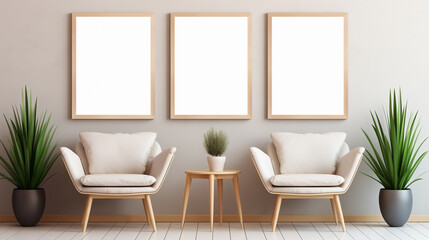 Contemporary Living Room with Four Blank Frames and Stylish Armchairs