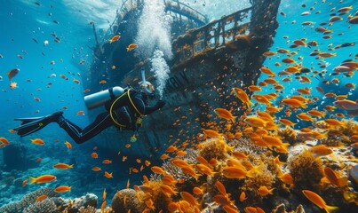diver exploring a sunken ship surrounded by a school of tropical fish, vibrant coral in the background - obrazy, fototapety, plakaty