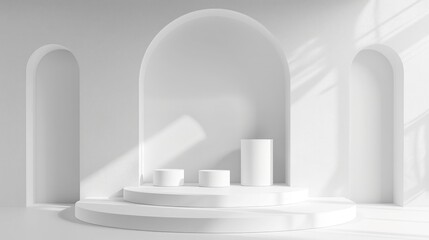 Empty round white podium with platforms for product display on white wall background, Luxury minimal scene for presentation