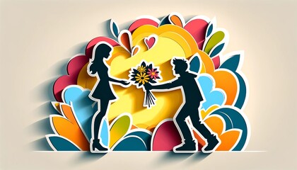 Illustration on the theme, a man giving flowers to a woman