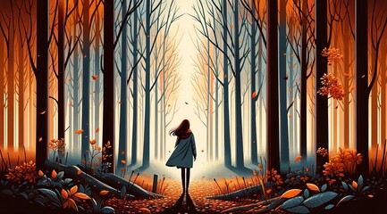 Illustration on the theme, girl walking in autumn forest