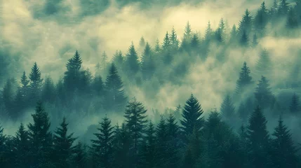 Foto auf Glas Misty landscape with fir forest in vintage retro style. Generative AI © Akash Tholiya